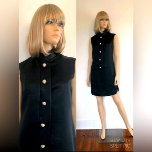 VINTAGE 1960s Black Satin Mod Mini Dress With Rhinestones, Size Small / Medium